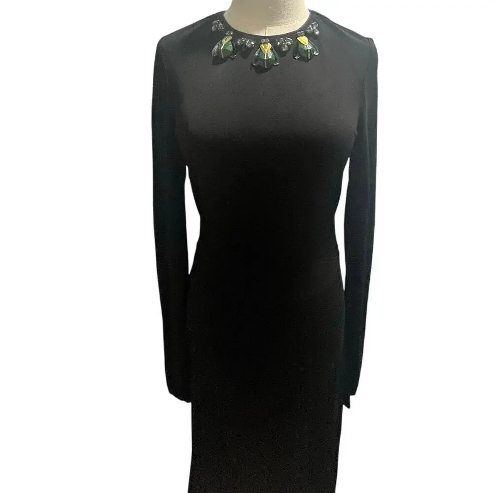 Tory Burch Black Deena Beetle‎ Embellished Rhinestone Rayon Stretch Dress Sz Xs